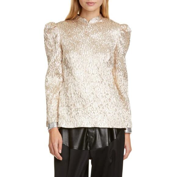 Rachel Comey Tops - Rachel Comey Blouse Bar Textured Top Champagne 4 Metallic Crinkle Puff Sleeve